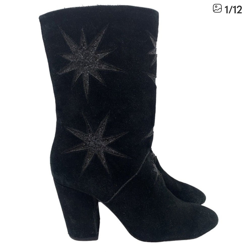 A Story Told By Joyce Azria Black Suede Boots Stars Moon Print Sz 8.5. #31